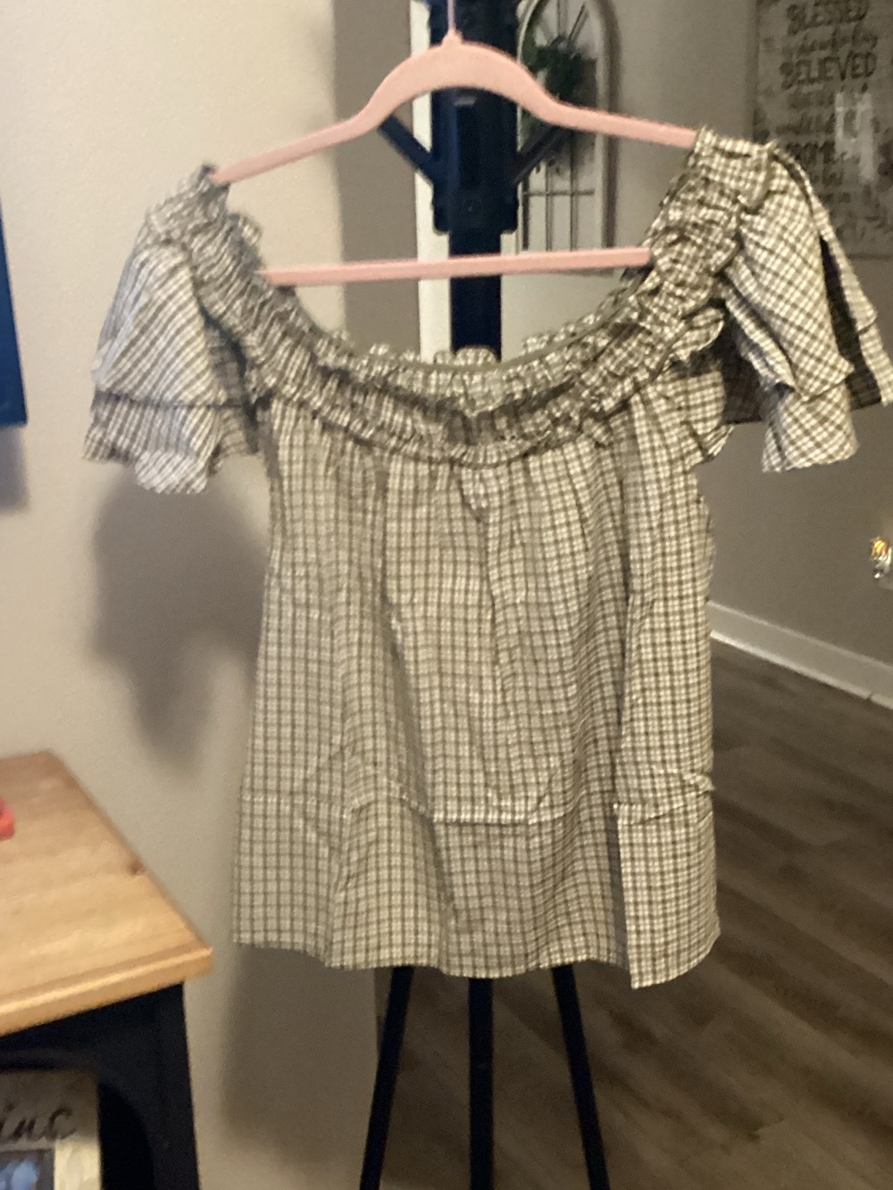Easel Off-Shoulder Smocked Plaid Top - Beige/green